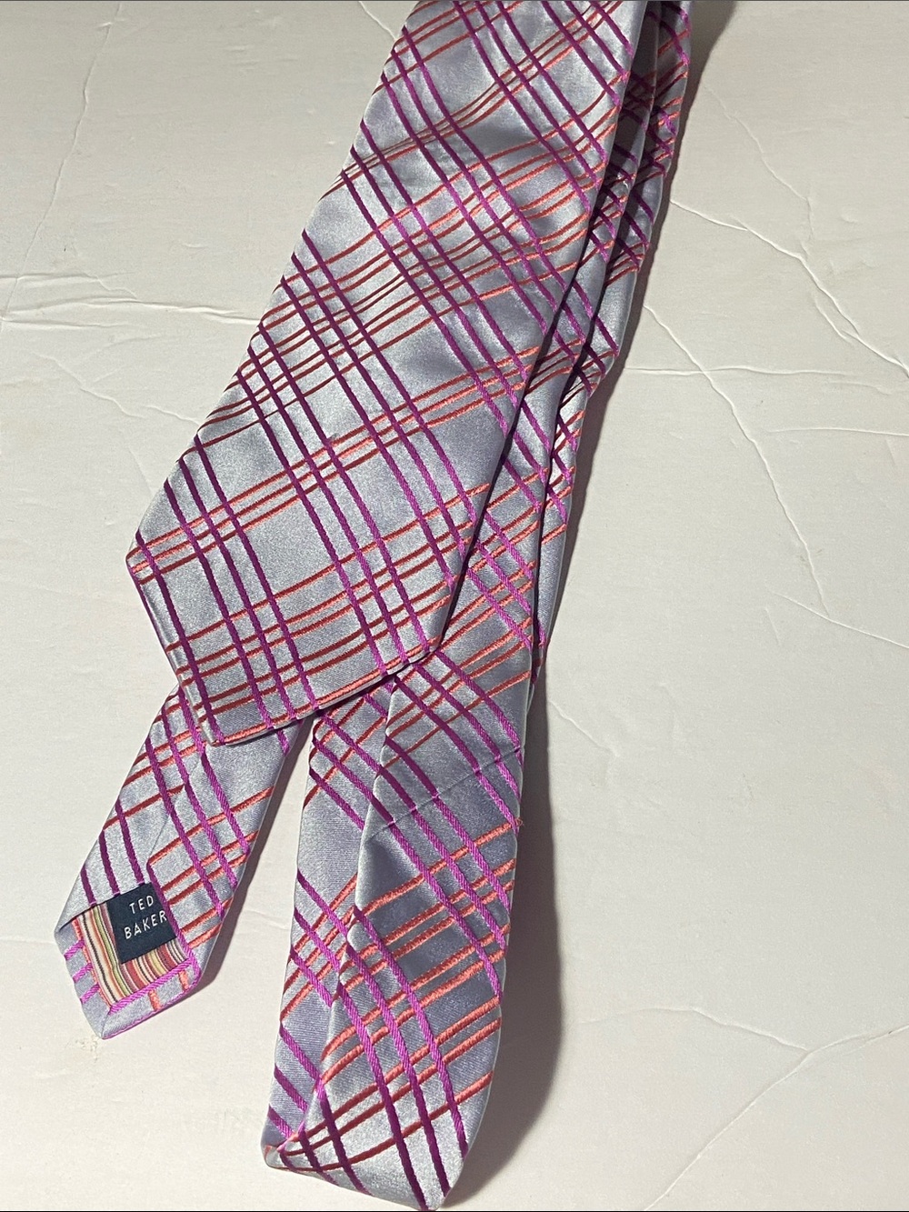 Ted Baker Silver Tie with Pink /Orange on Silver Plaid Accent USA 56”